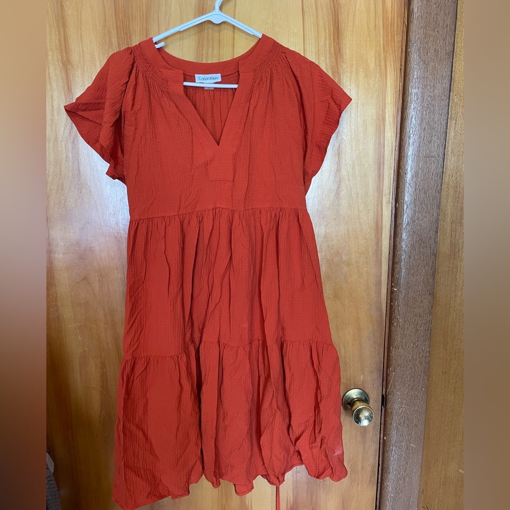 Burnt orange flutter sleeve dress pockets - Calvin Klein